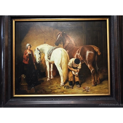 Картина сюжетная Кони, лошади.  "Кузнец". Thomson Edward.