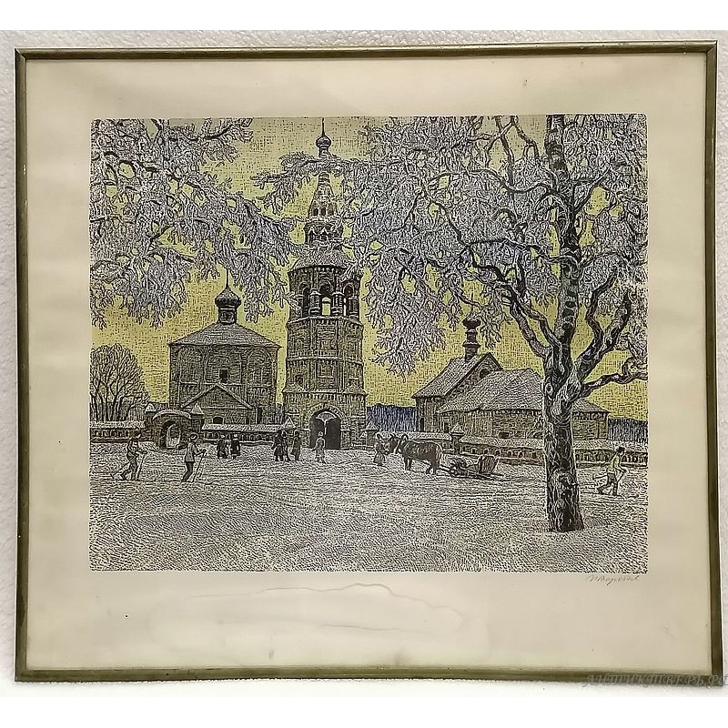 Картина Кидекша. Автор Воробьева, 1988 г. Линогравюра.