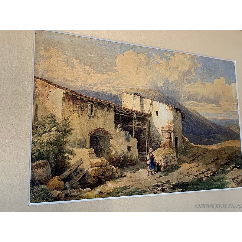 Картина пейзаж . Фердинанд Крумгольц (Ferdinand Krumholtz) (1810-1878). Домик в горах. 1831 год