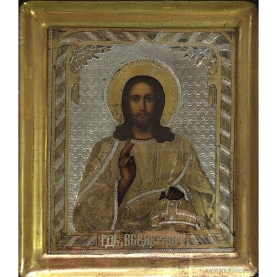 Икона Господь Вседержитель. Живопись. Серебро 84 проба 1880 год.