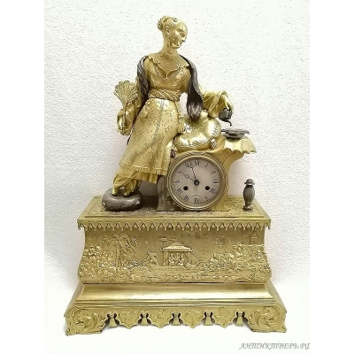 Часы каминные Гейша. Бронза, золочение, серебрение.19 век.